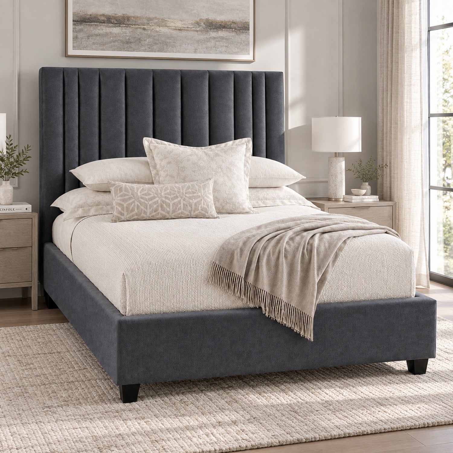 CAMA TAPIZADA LISTÓN ABBA GRIS OSCURO QUEEN - 3