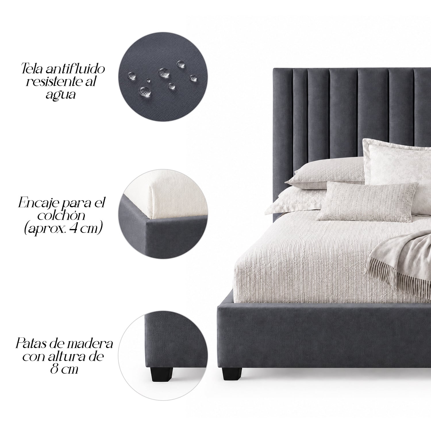 CAMA TAPIZADA LISTÓN ABBA GRIS OSCURO QUEEN - 4