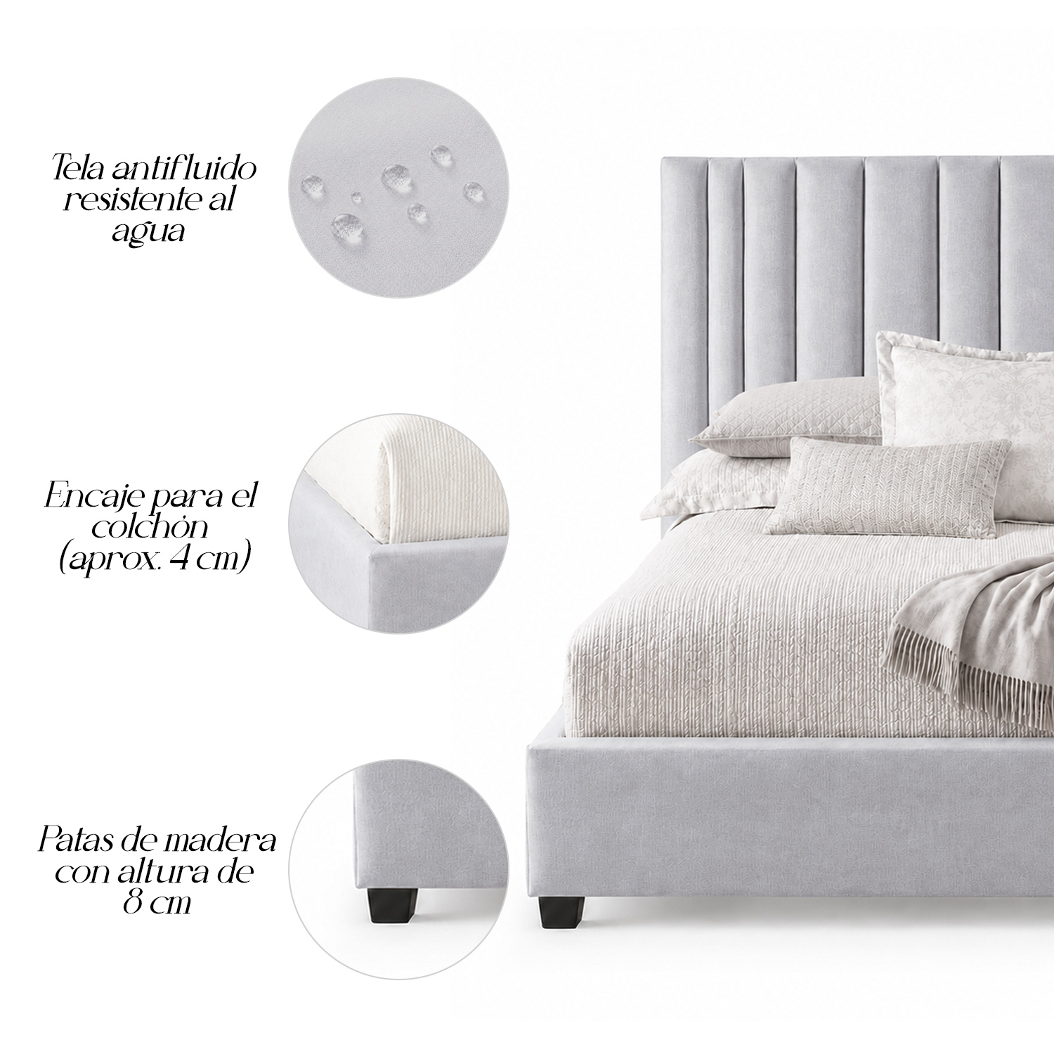 CAMA TAPIZADA LISTÓN ABBA GRIS CLARO 1.5 PLZ - 4