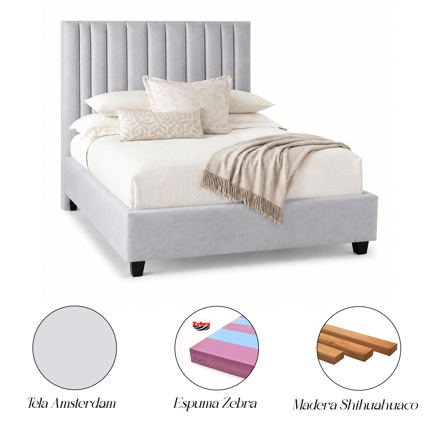 CAMA TAPIZADA LISTÓN ABBA GRIS CLARO 1.5 PLZ - 5