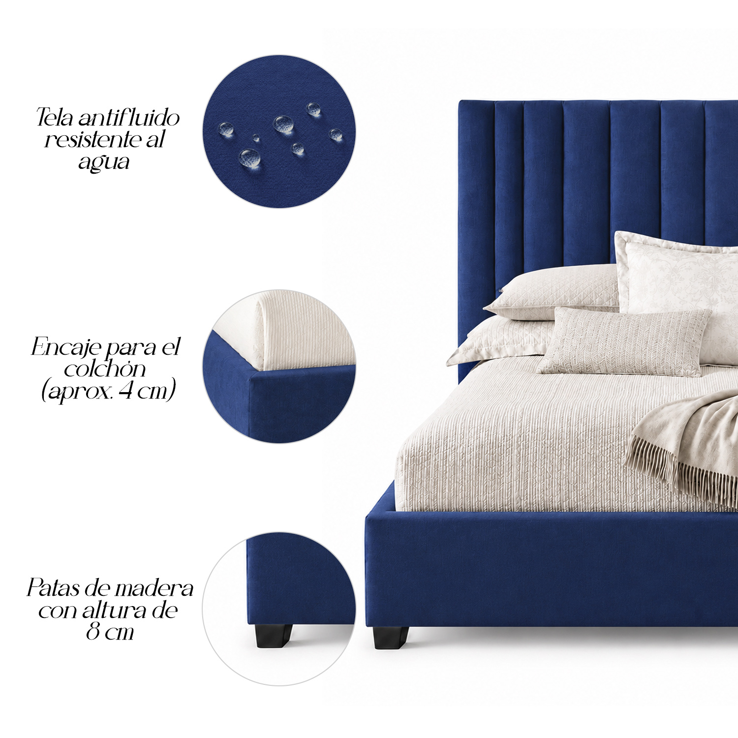 CAMA TAPIZADA LISTÓN ABBA AZUL 1.5 PLZ - 3