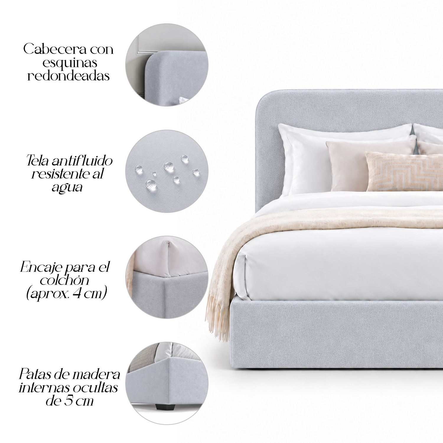 CAMA TAPIZADA LISA GALA CURVO PLATA 1.5 PLZ - 4