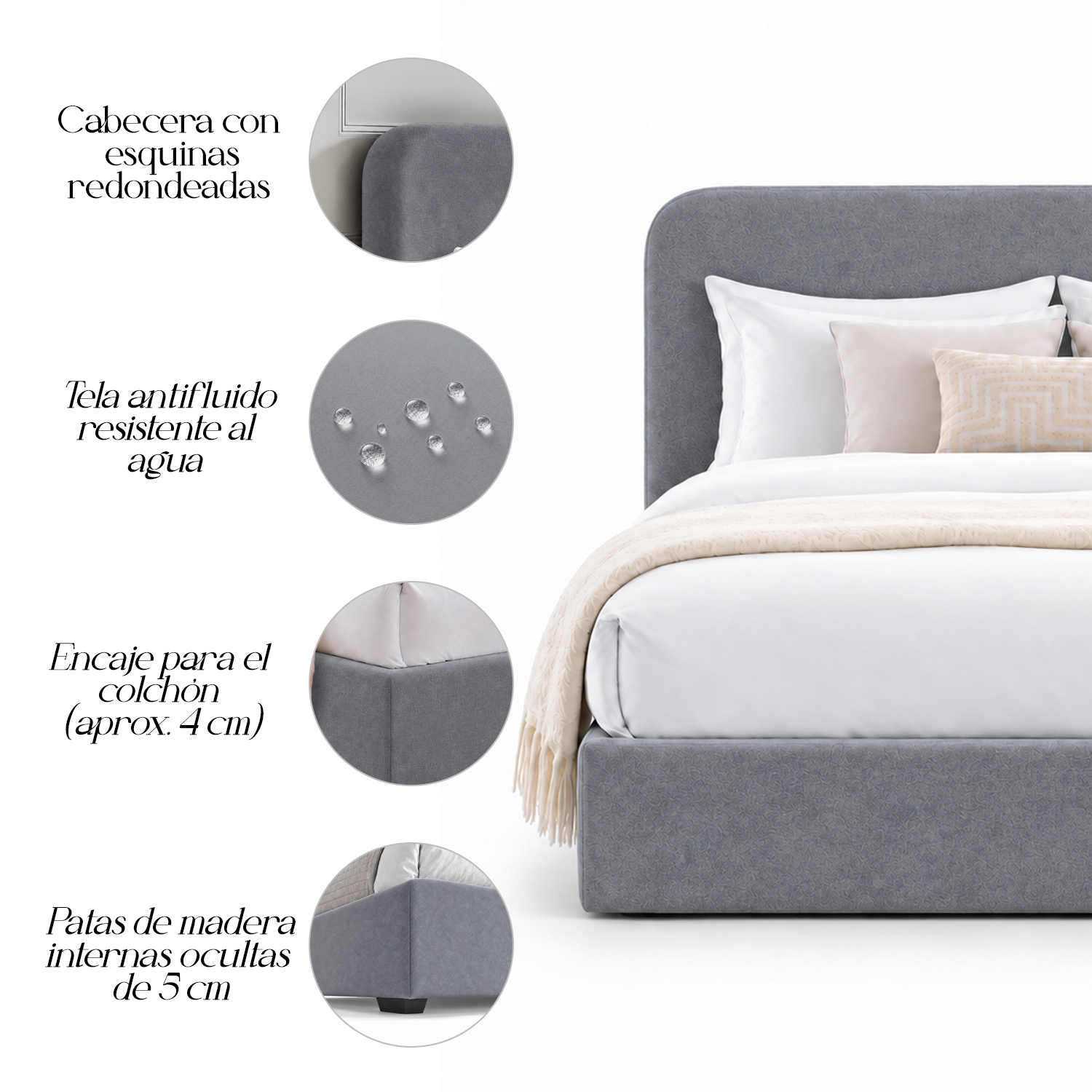 CAMA TAPIZADA LISA GALA CURVO GRIS 1.5 PLZ - 4