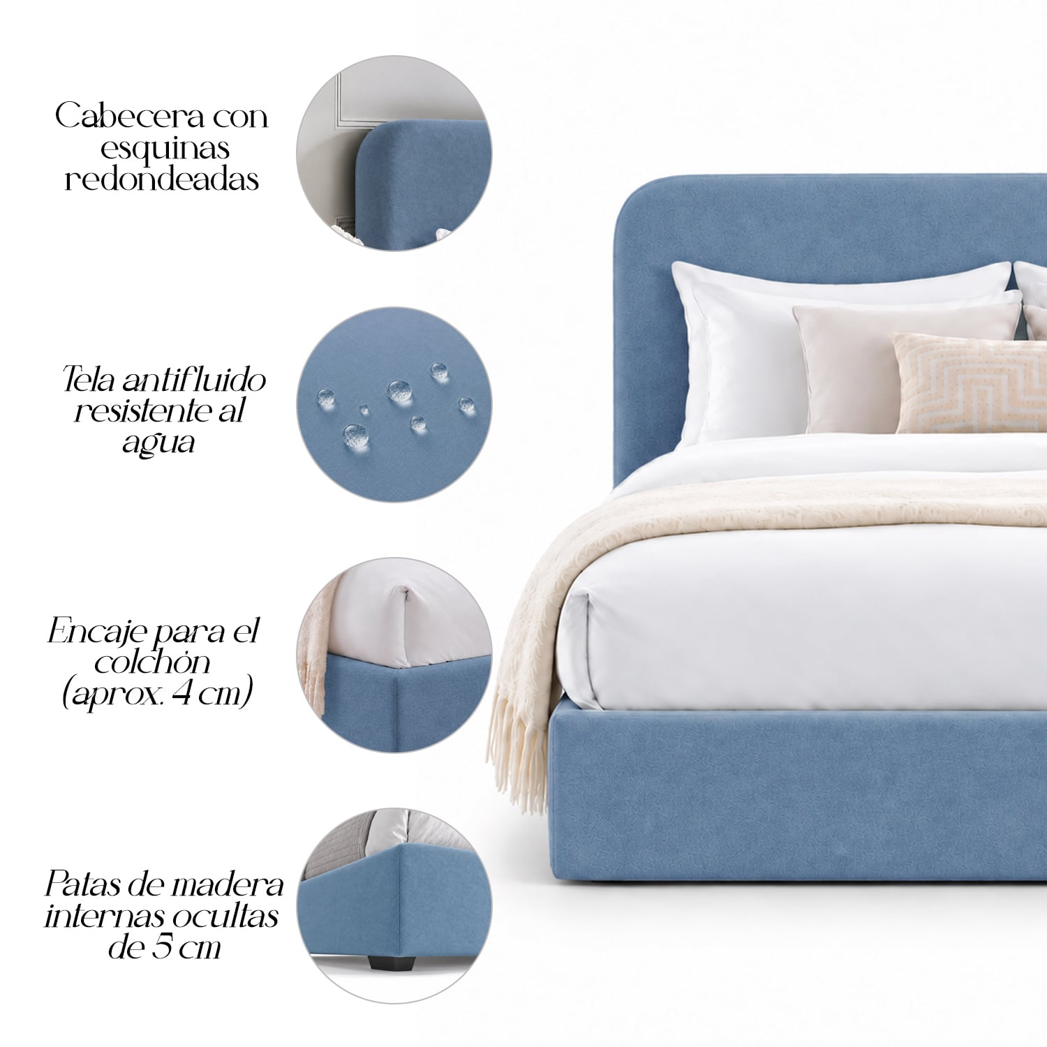 CAMA TAPIZADA LISA GALA CURVO AZUL 1.5 PLZ - 4