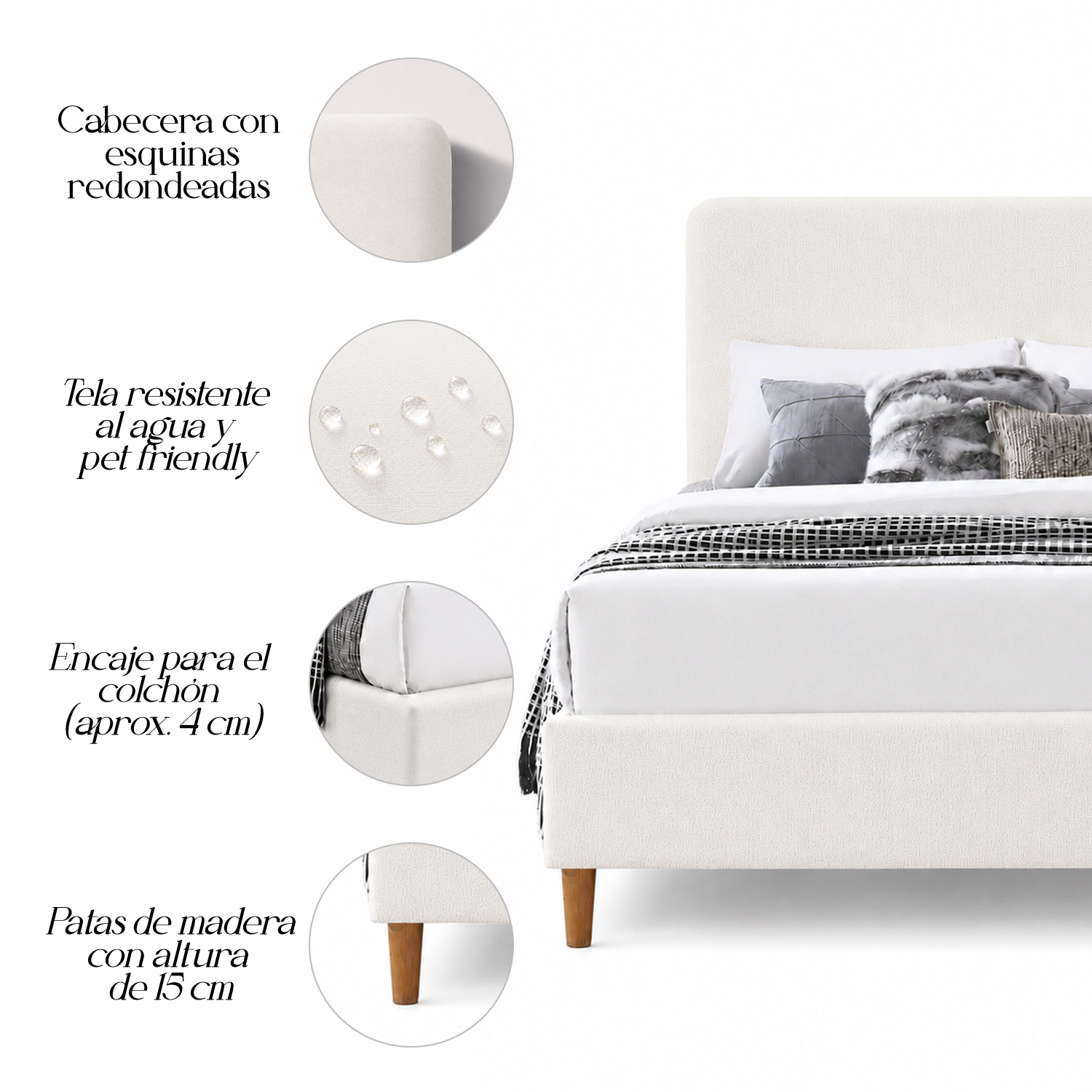 CAMA LEMUEBLE TAPIZADA LISA CURVO CRUDO 1.5 PLZ - 5