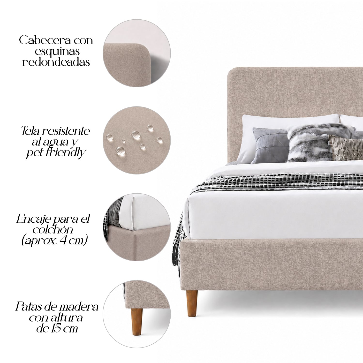CAMA LEMUEBLE TAPIZADA LISA CURVO TRIGO 1.5 PLZ - 5