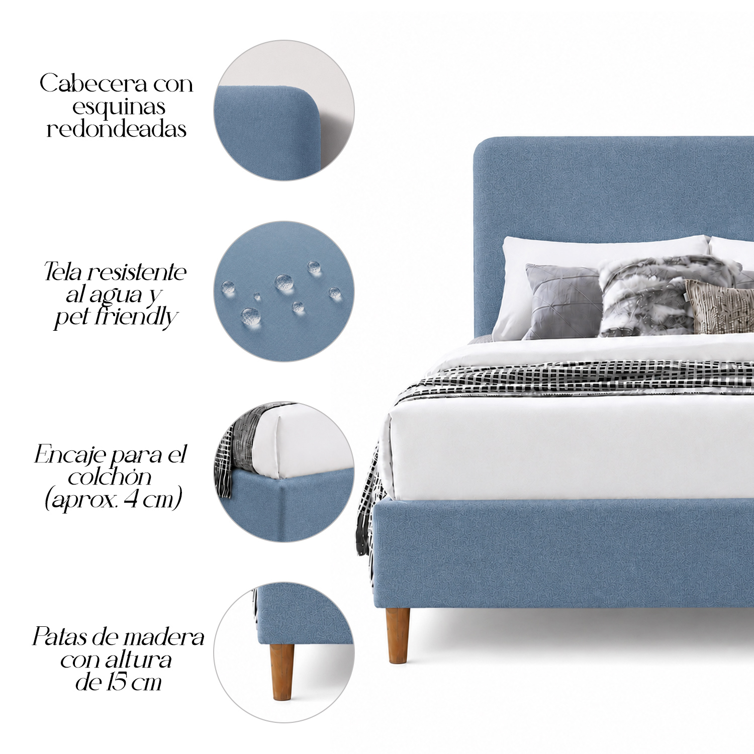 CAMA LEMUEBLE TAPIZADA LISA CURVO AZUL 1.5 PLZ - 5
