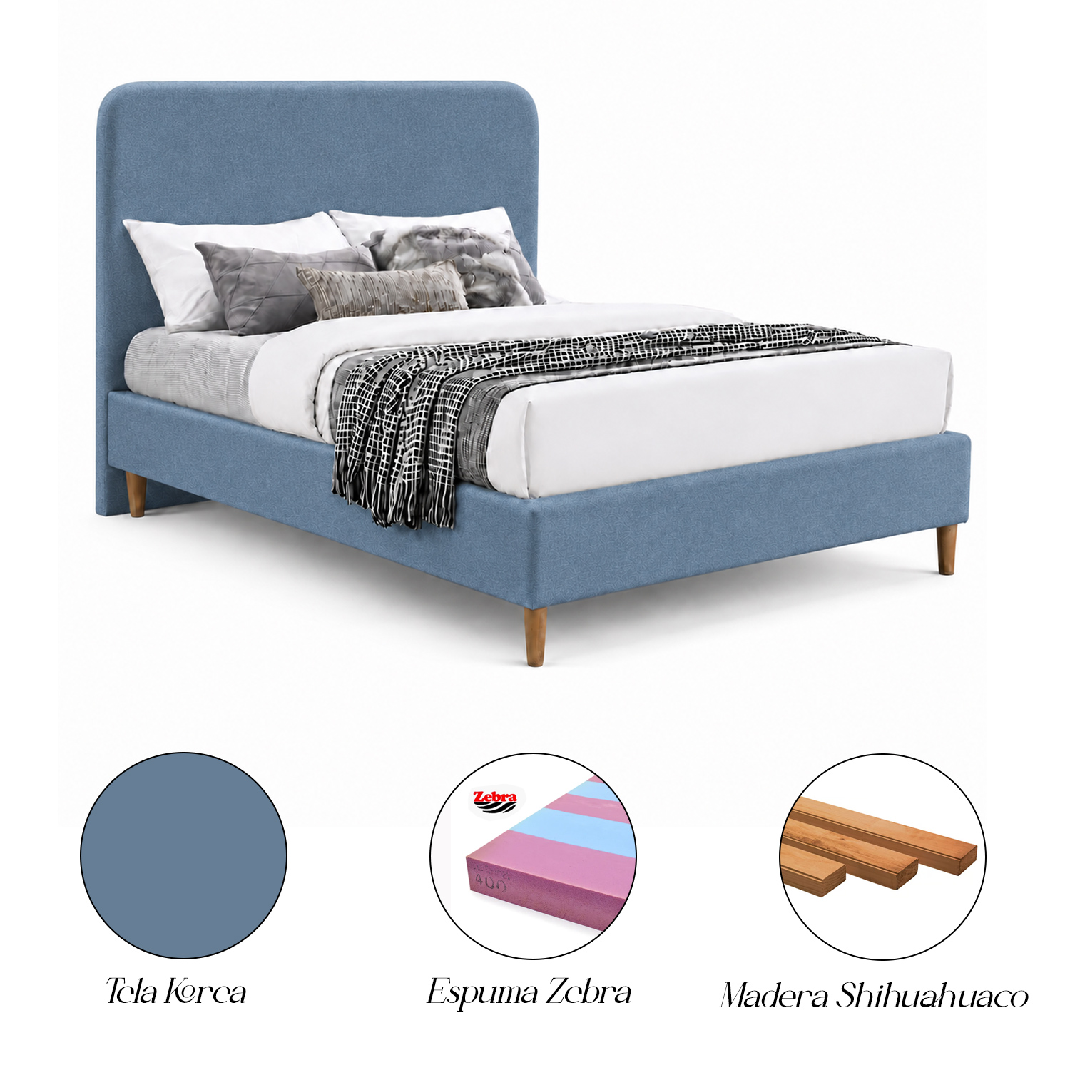CAMA LEMUEBLE TAPIZADA LISA CURVO AZUL 1.5 PLZ - 6