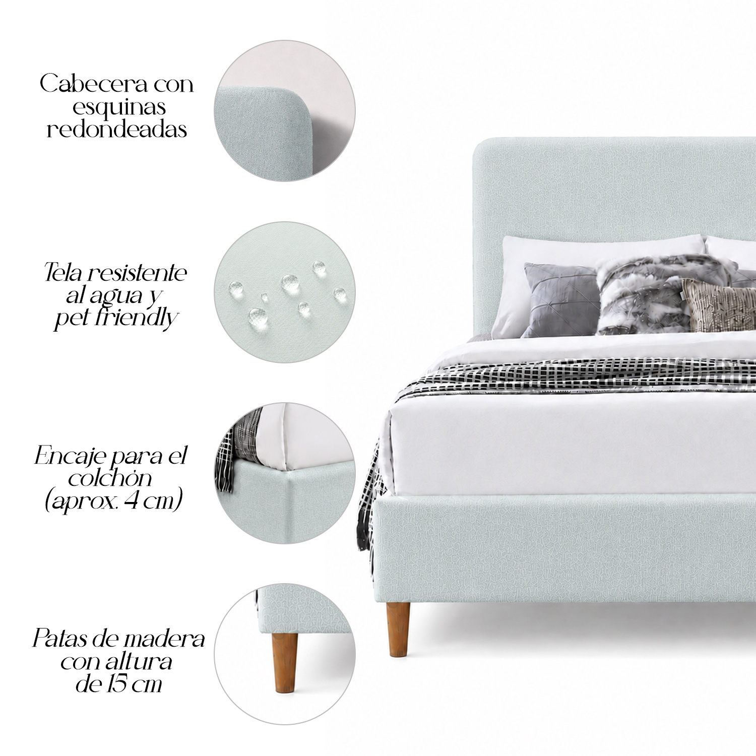 CAMA LEMUEBLE TAPIZADA LISA CURVO MENTA 1.5 PLZ - 5