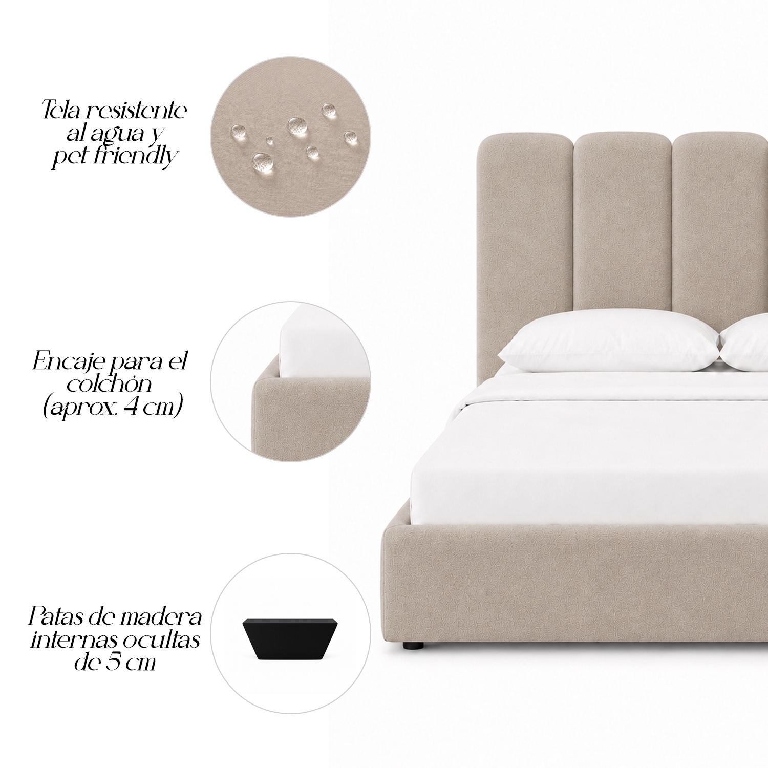 CAMA TAPIZADA LISTÓN SIENNA TRIGO 1.5 PLZ - 4