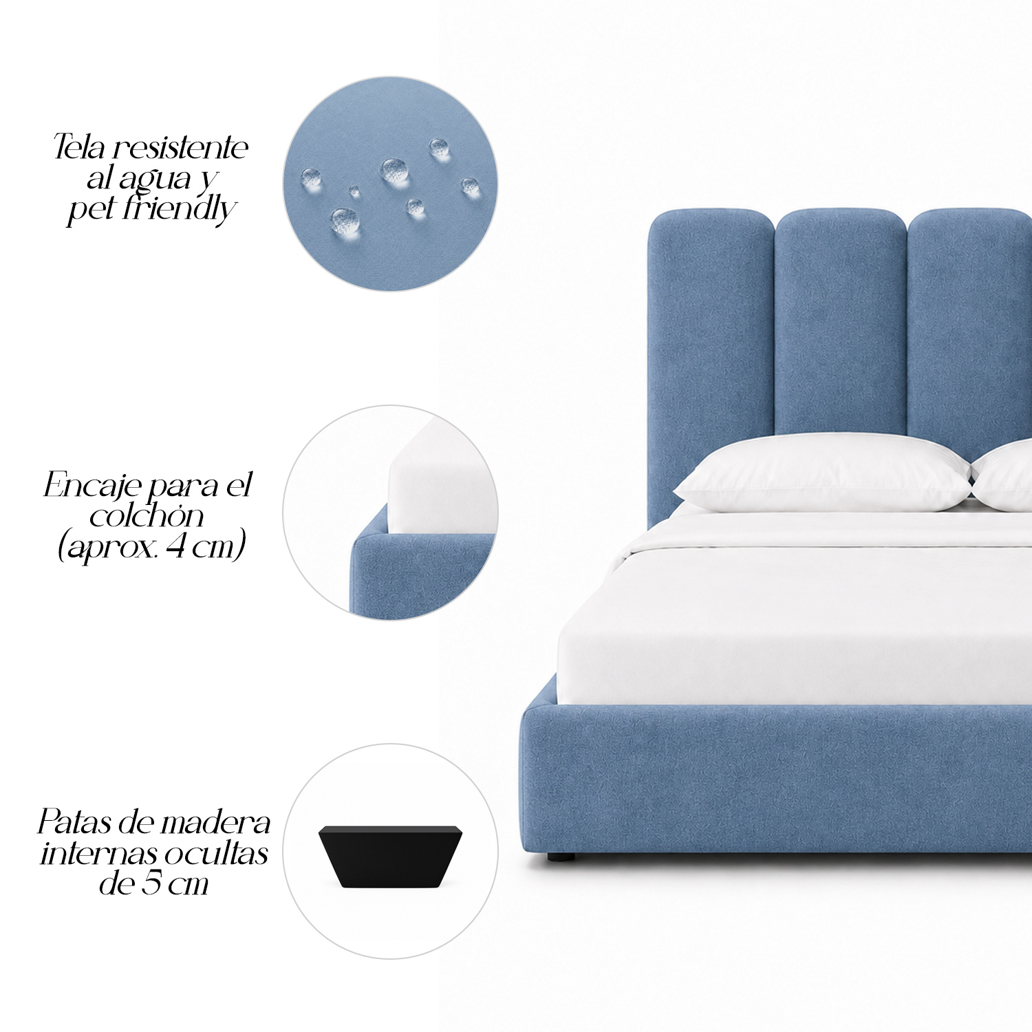 CAMA TAPIZADA LISTÓN SIENNA AZUL 1.5 PLZ - 4