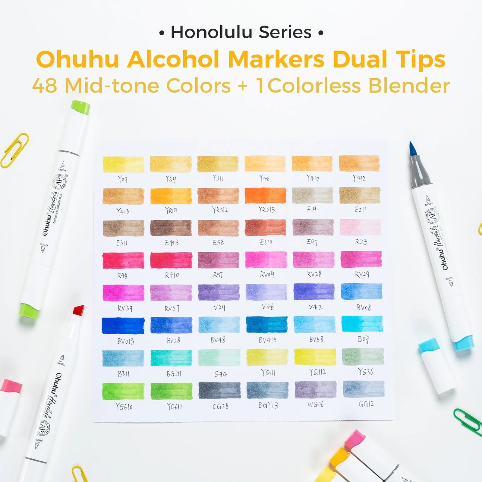OHUHU HONOLULU: PUNTA PINCEL + PUNTA BISELADA. SET DE 48 COLORES DE ALCOHOL MID-TONE + 1 BLENDER - 2