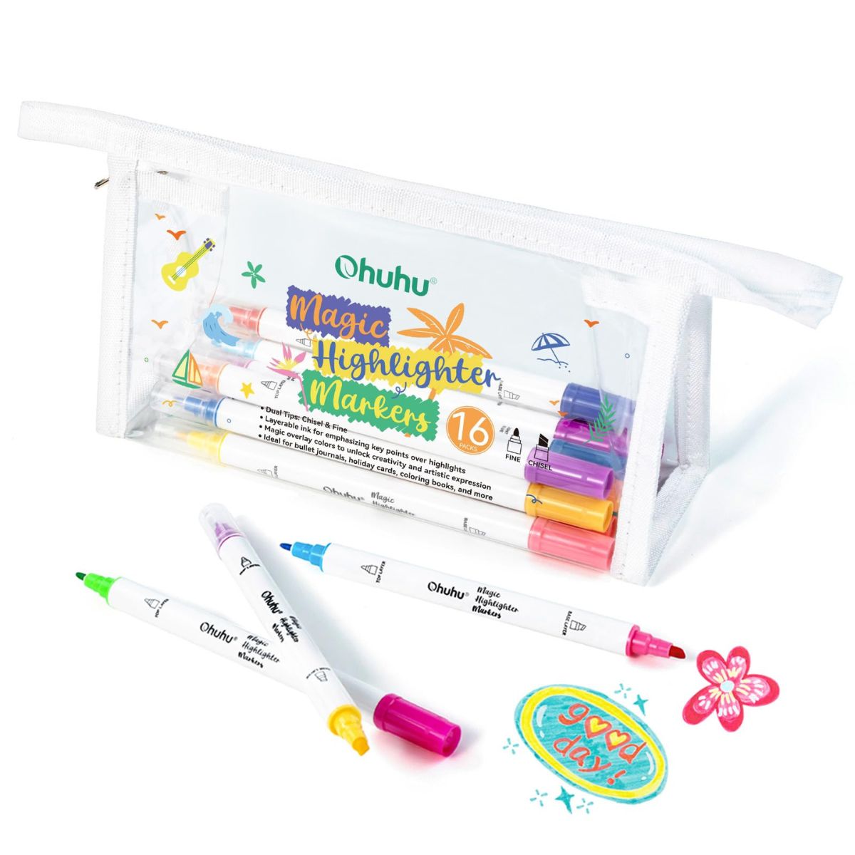 OHUHU MAGIC HIGHLIGHTER MARKERS: 16 MARCADORES DOBLE PUNTA - 1