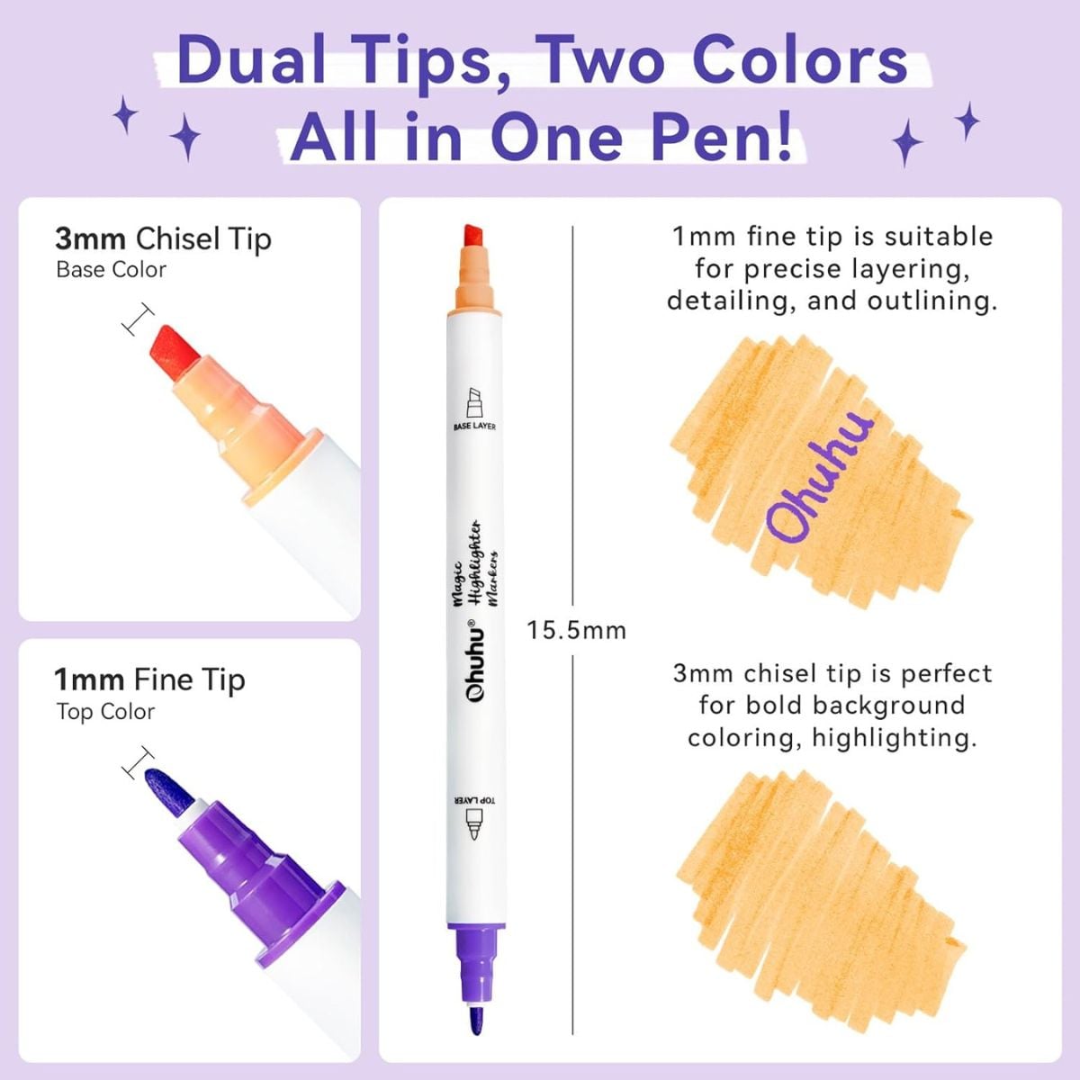 OHUHU MAGIC HIGHLIGHTER MARKERS: 16 MARCADORES DOBLE PUNTA - 6