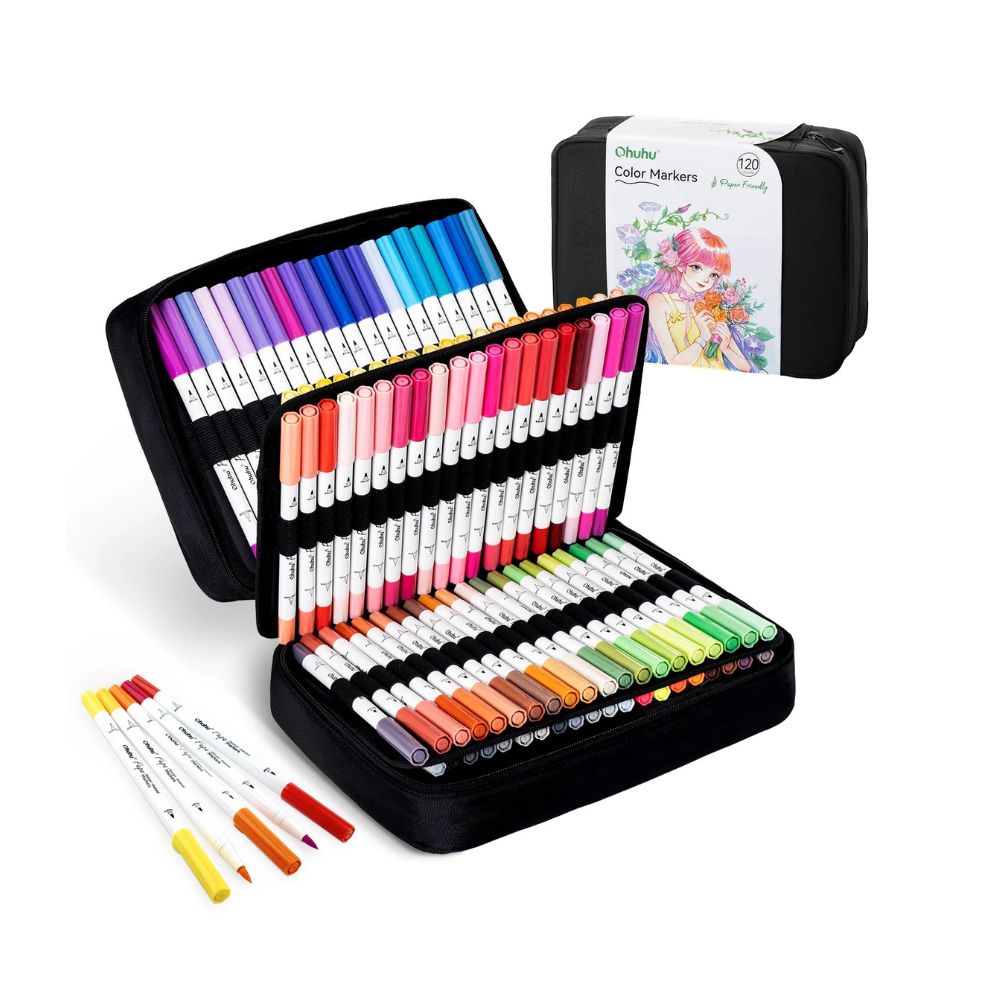 OHUHU PUPE PAPER-FRIENDLY: SET DE 120 MARCADORES DOBLE PUNTA (PUNTA PINCEL Y PUNTA EXTRA FINA) - 1