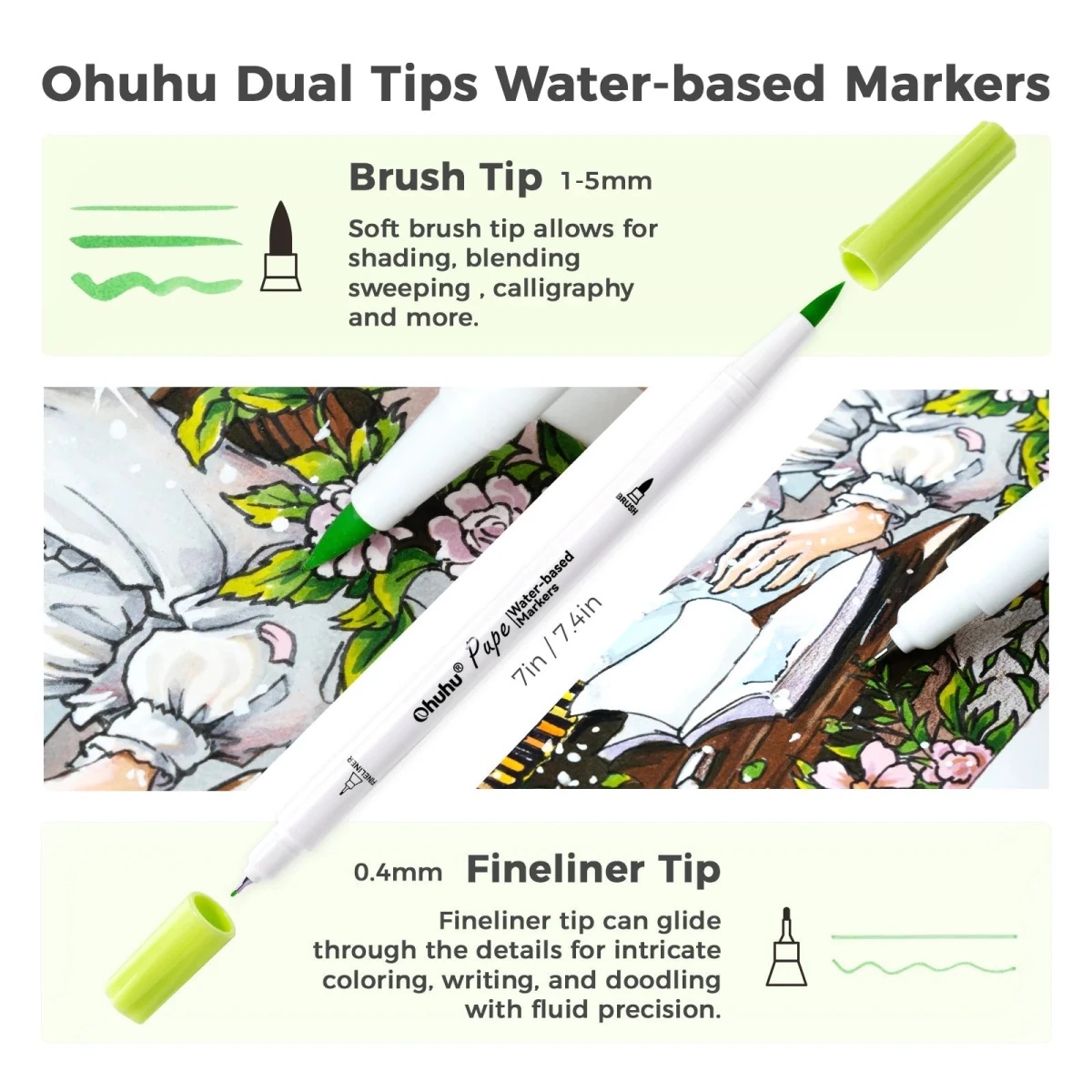 OHUHU PUPE PAPER-FRIENDLY: SET DE 120 MARCADORES DOBLE PUNTA (PUNTA PINCEL Y PUNTA EXTRA FINA) - 3