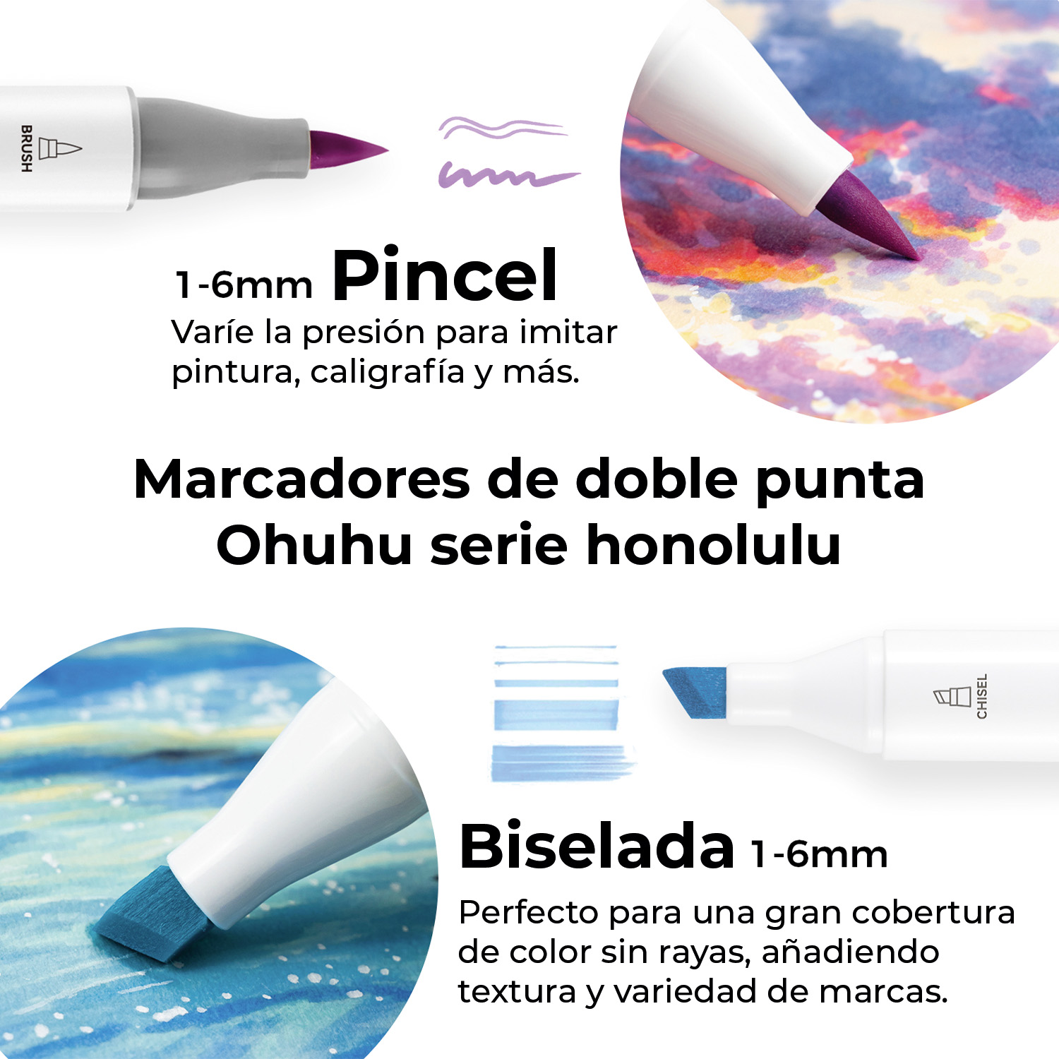 OHUHU HONOLULU: SET DE 6 MARCADORES DE ALCOHOL DOBLE PUNTA TONOS VIOLETAS (PUNTA BRUSH Y PUNTA BISELADA) - 3