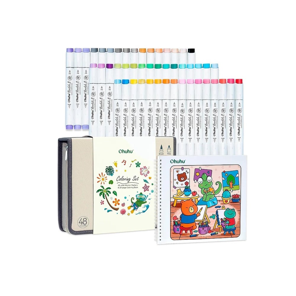 OHUHU HONOLULU B: SET DE 48 MARCADORES DE ALCOHOL DOBLE PUNTA BÁSICOS + LIBRO COLOREABLE - 1