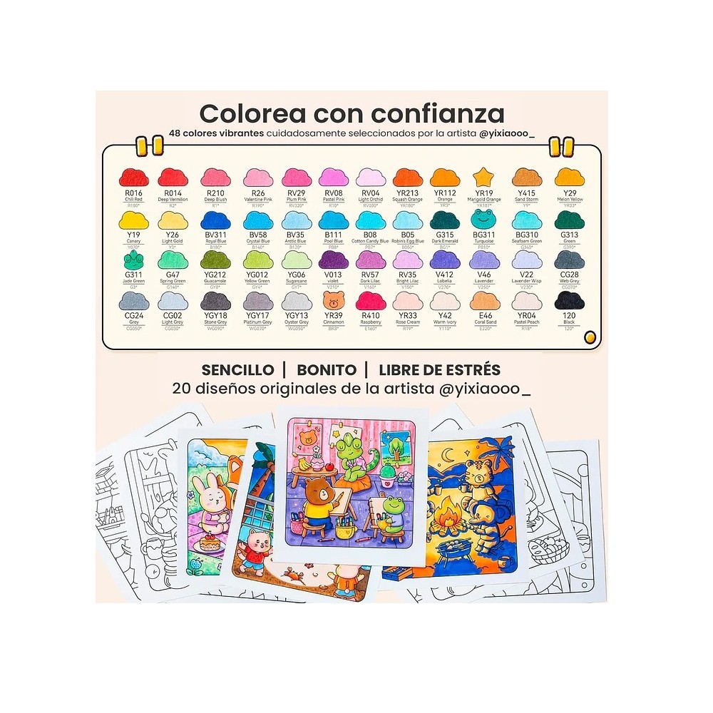 OHUHU HONOLULU B: SET DE 48 MARCADORES DE ALCOHOL DOBLE PUNTA BÁSICOS + LIBRO COLOREABLE - 2