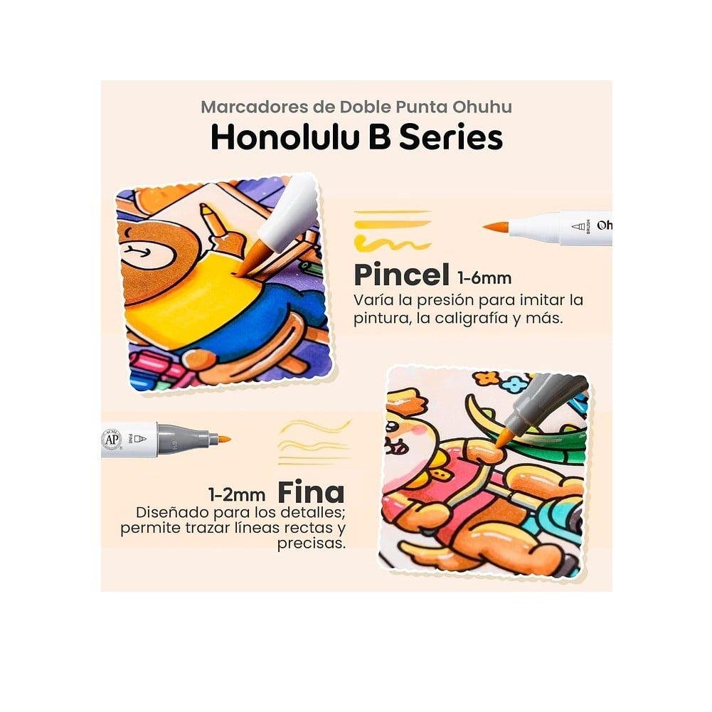 OHUHU HONOLULU B: SET DE 48 MARCADORES DE ALCOHOL DOBLE PUNTA BÁSICOS + LIBRO COLOREABLE - 3
