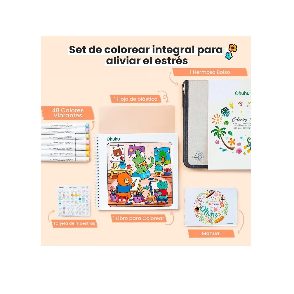 OHUHU HONOLULU B: SET DE 48 MARCADORES DE ALCOHOL DOBLE PUNTA BÁSICOS + LIBRO COLOREABLE - 4