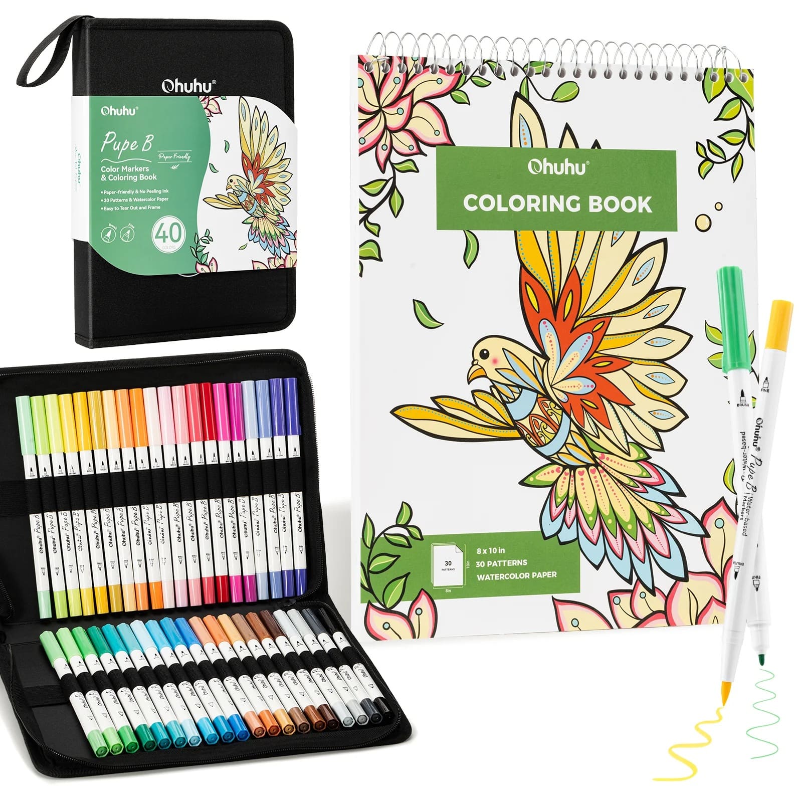 OHUHU PUPE B PAPER-FRIENDLY: SET DE 40 MARCADORES DOBLE PUNTA (PUNTA PINCEL Y PUNTA FINA) + LIBRO PARA COLOREAR - 1
