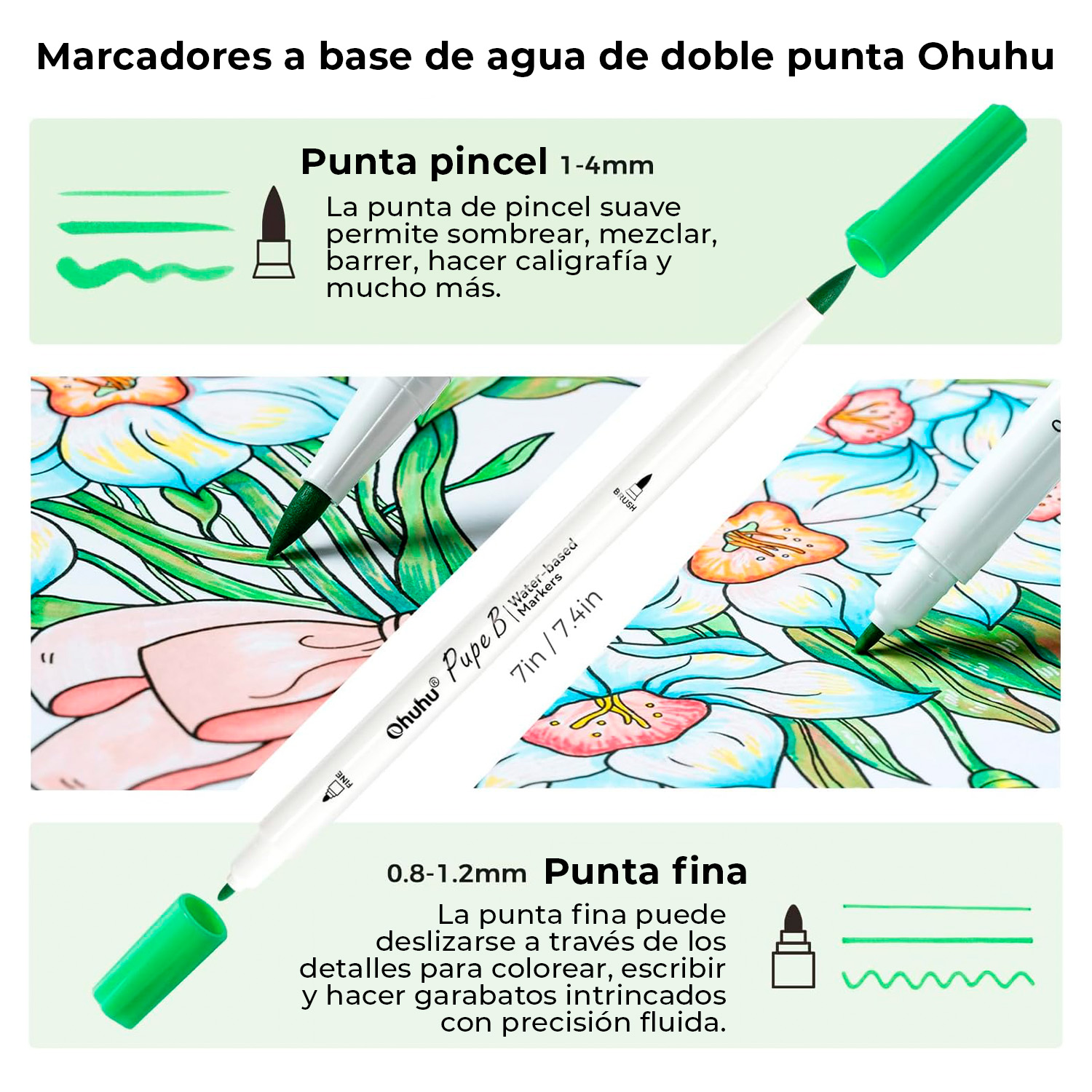 OHUHU PUPE B PAPER-FRIENDLY: SET DE 40 MARCADORES DOBLE PUNTA (PUNTA PINCEL Y PUNTA FINA) + LIBRO PARA COLOREAR - 3