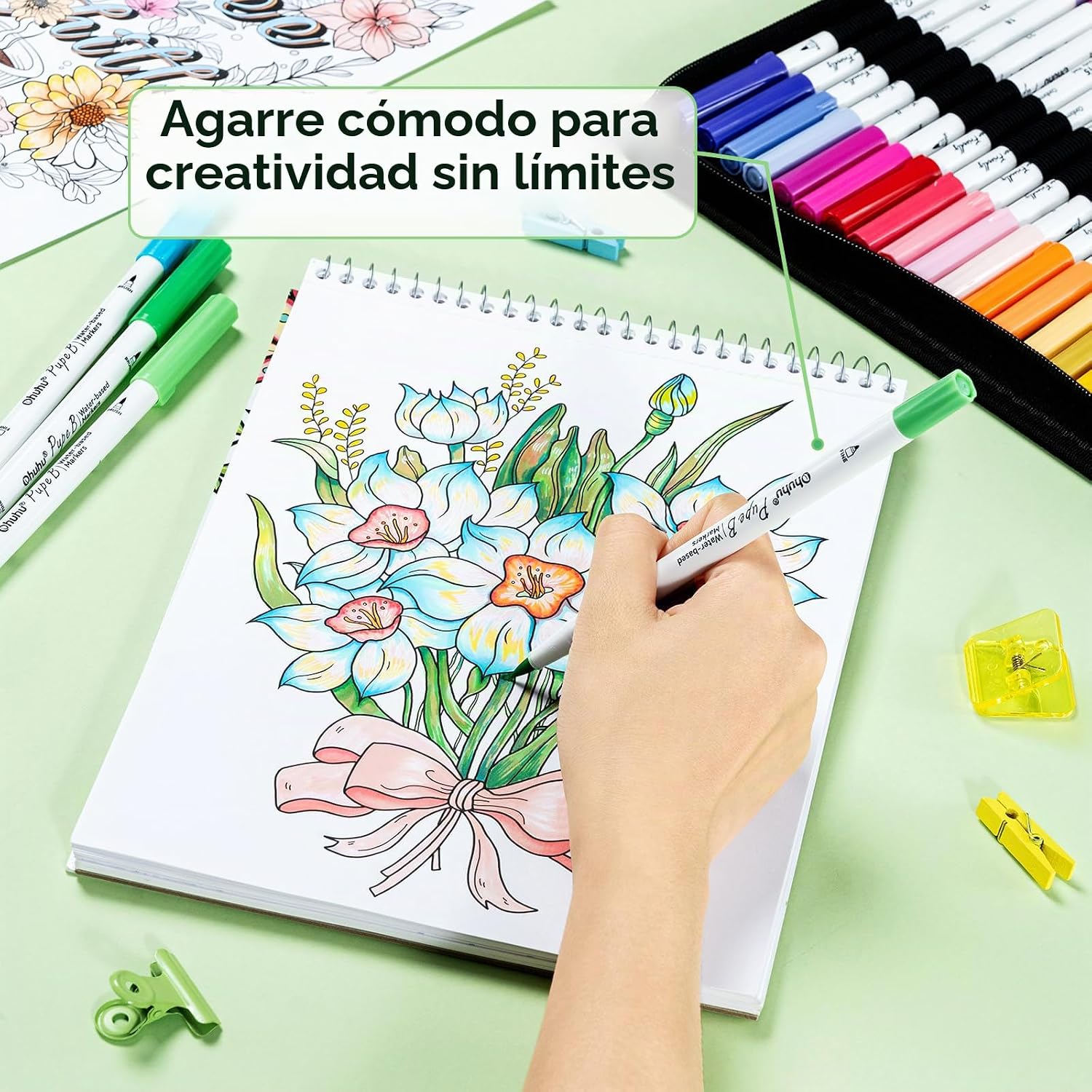 OHUHU PUPE B PAPER-FRIENDLY: SET DE 40 MARCADORES DOBLE PUNTA (PUNTA PINCEL Y PUNTA FINA) + LIBRO PARA COLOREAR - 5