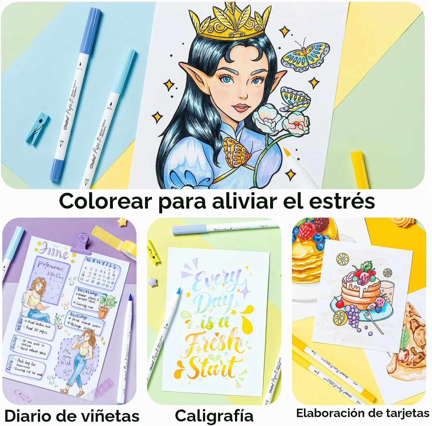 OHUHU PUPE B PAPER-FRIENDLY: SET DE 40 MARCADORES DOBLE PUNTA (PUNTA PINCEL Y PUNTA FINA) + LIBRO PARA COLOREAR - 8