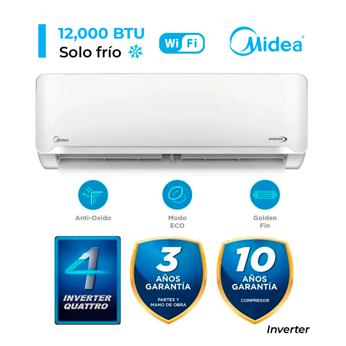 AIRE ACONDICIONADO SPLIT 12,000 BTU/H MIDEA INVERTER FRIO SOLO - 1