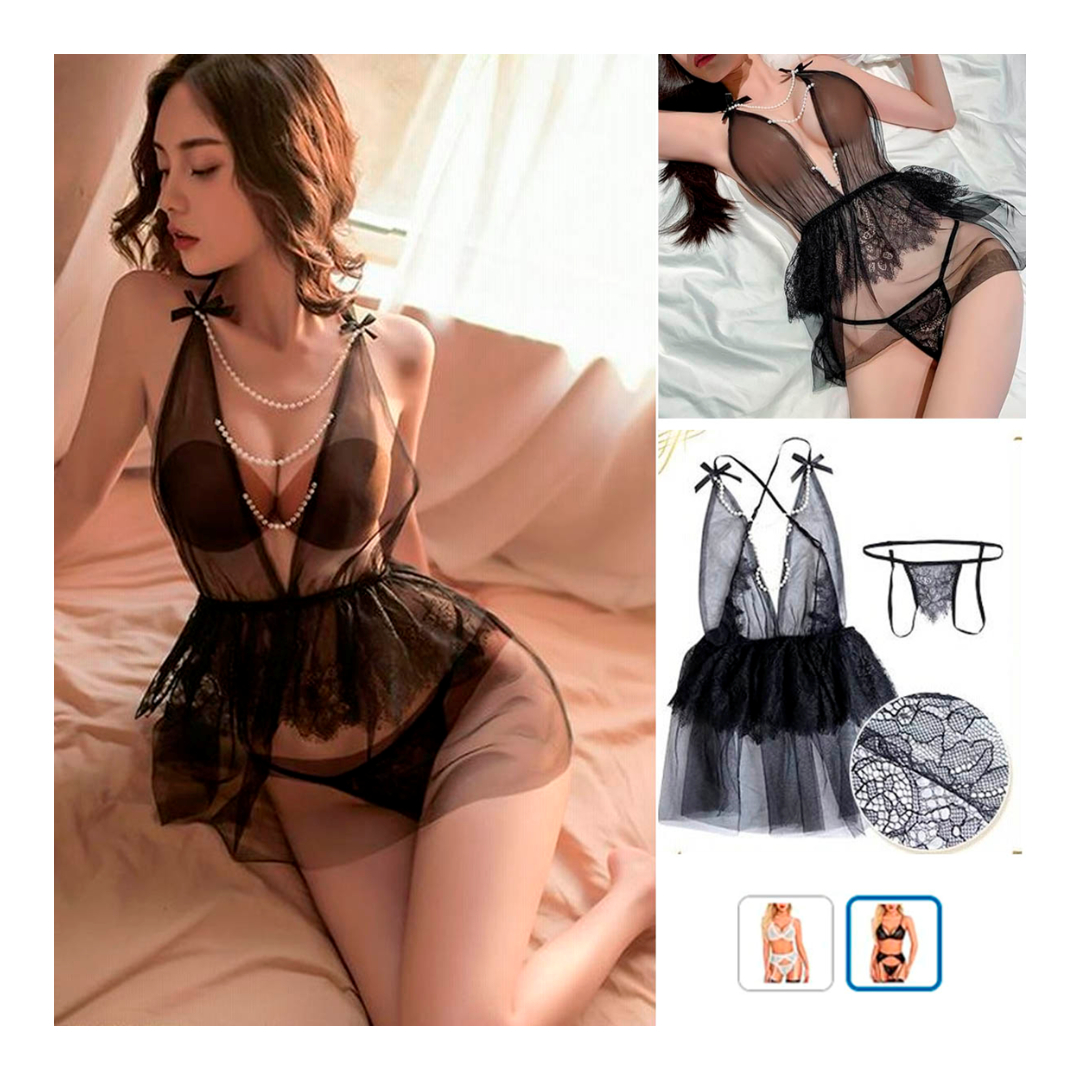 BABYDOLL DE ENCAJE PARA MUJER CON PERLAS - 1