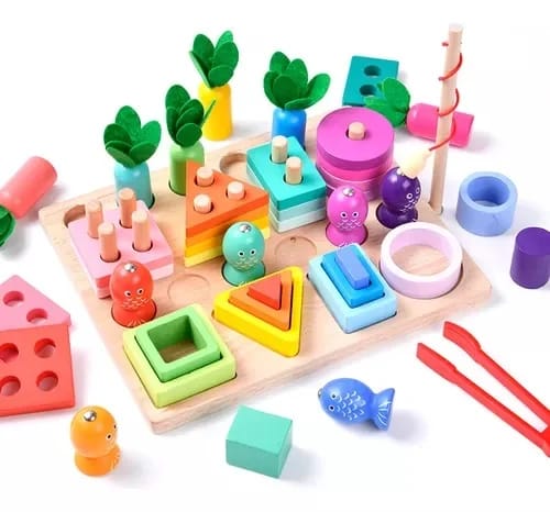 JUEGO DIDÁCTICO MONTESSORI 4 EN 1 ENCAJE APILAMIENTO PESCA - 1