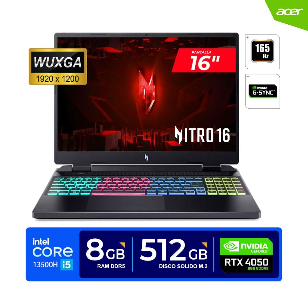 LAPTOP ACER NITRO 16 CORE I5 13500H 8GB RAM 512GB SSD RTX4050 6GB 16" 16/ WUXGA, 165HZ, 12 NÚCLEOS/ 4.70GHZ/ DDR5/ FREEDOS - 1