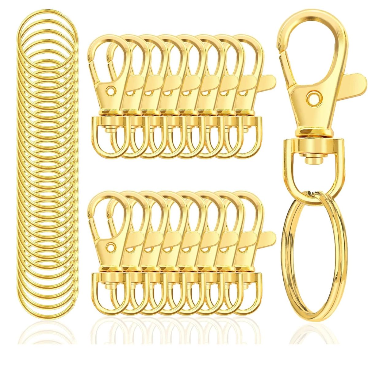 100 GANCHOS GIRATORIO MOSQUETON MAS 100 ANILLOS AROS DE LLAVERO DORADO - 1