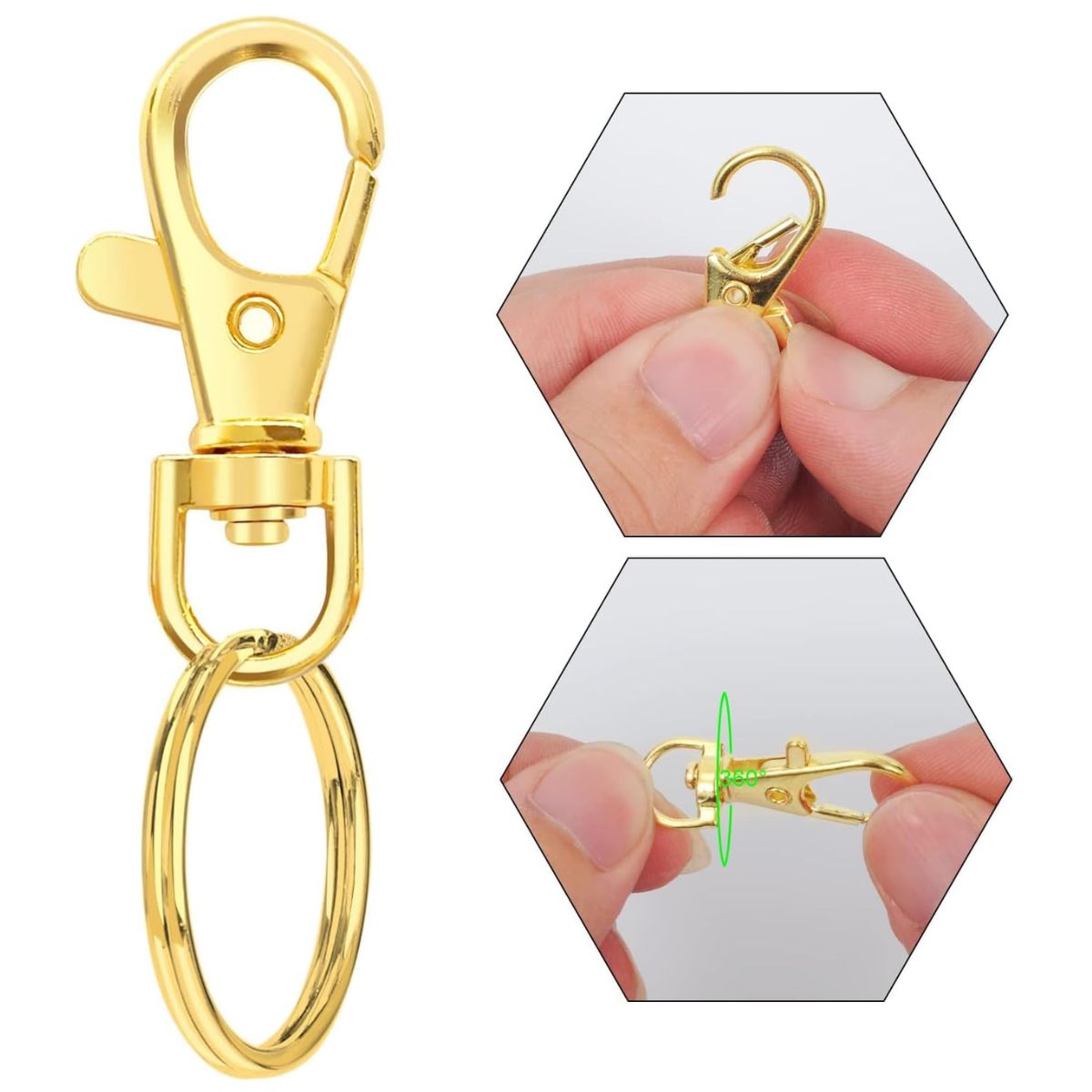 100 GANCHOS GIRATORIO MOSQUETON MAS 100 ANILLOS AROS DE LLAVERO DORADO - 2