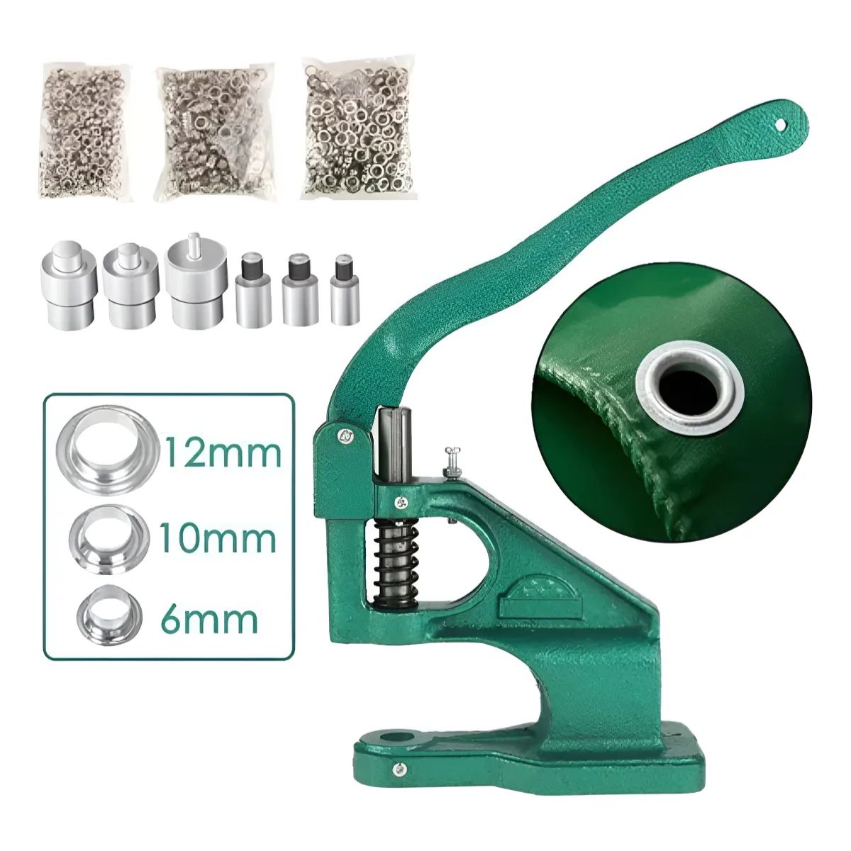 MÁQUINA DE PRENSA DE OJALES CON 3000 OJALILLOS 6MM, 10MM Y 12MM DE DIAMETRO INTERNO - REMACHADORA - 1
