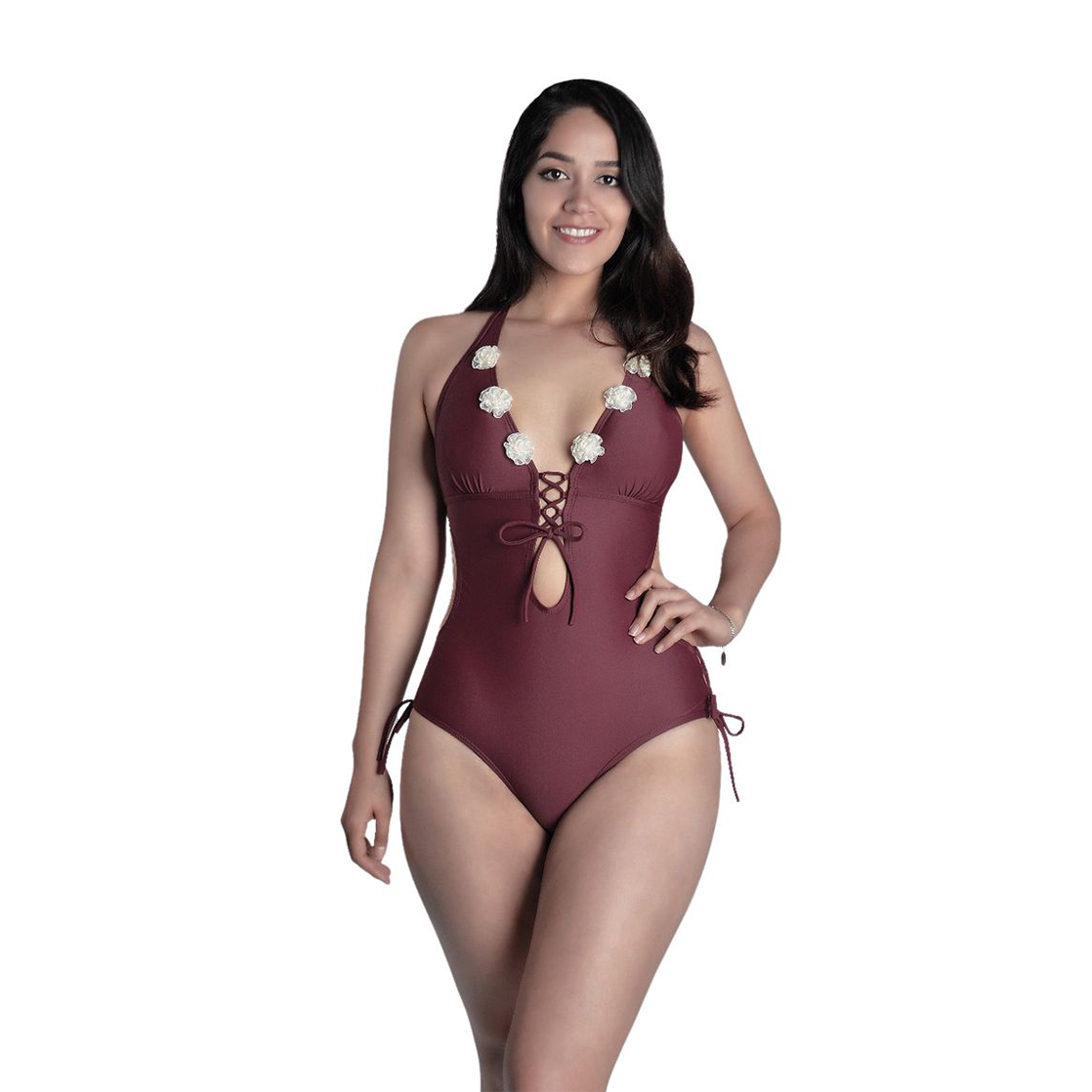 TRIKINI PUSH UP LICRA MUJER BURDEO UV FLOR GALES GUINDA GL-30 - 2