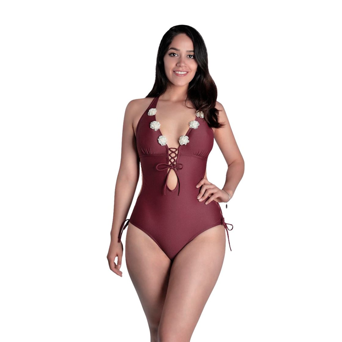 TRIKINI PUSH UP LICRA MUJER BURDEO UV FLOR GALES GUINDA GL-30 - 2