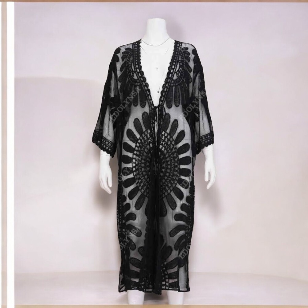 KIMONO MAXI MUJER YOMAR NEGRO TULL ABIERTO LARGO IMPORTADO GIRASOL - 1
