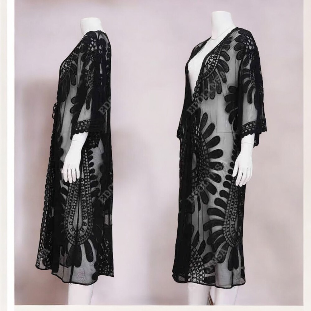 KIMONO MAXI MUJER YOMAR NEGRO TULL ABIERTO LARGO IMPORTADO GIRASOL - 2