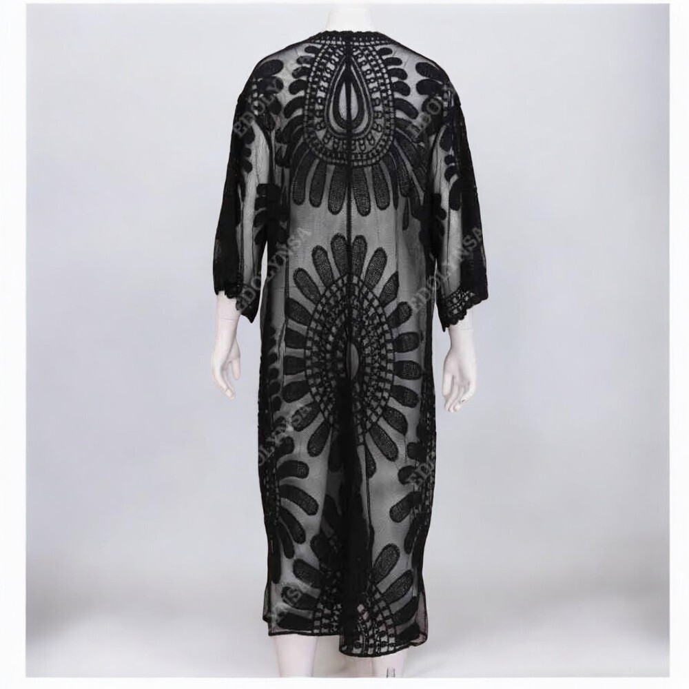 KIMONO MAXI MUJER YOMAR NEGRO TULL ABIERTO LARGO IMPORTADO GIRASOL - 3