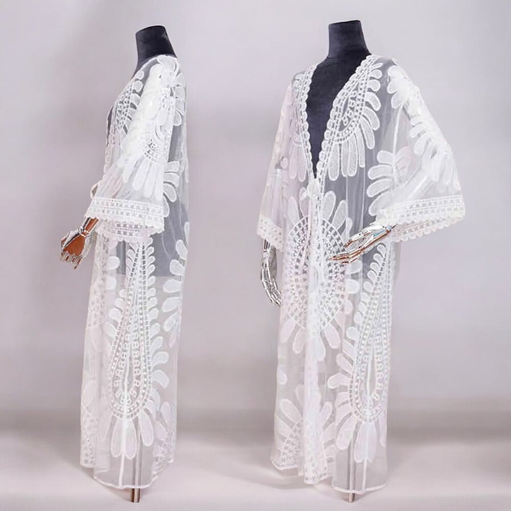 KIMONO MAXI MUJER YOMAR BLANCO TULL ABIERTO LARGO IMPORTADO GIRASOL - 2