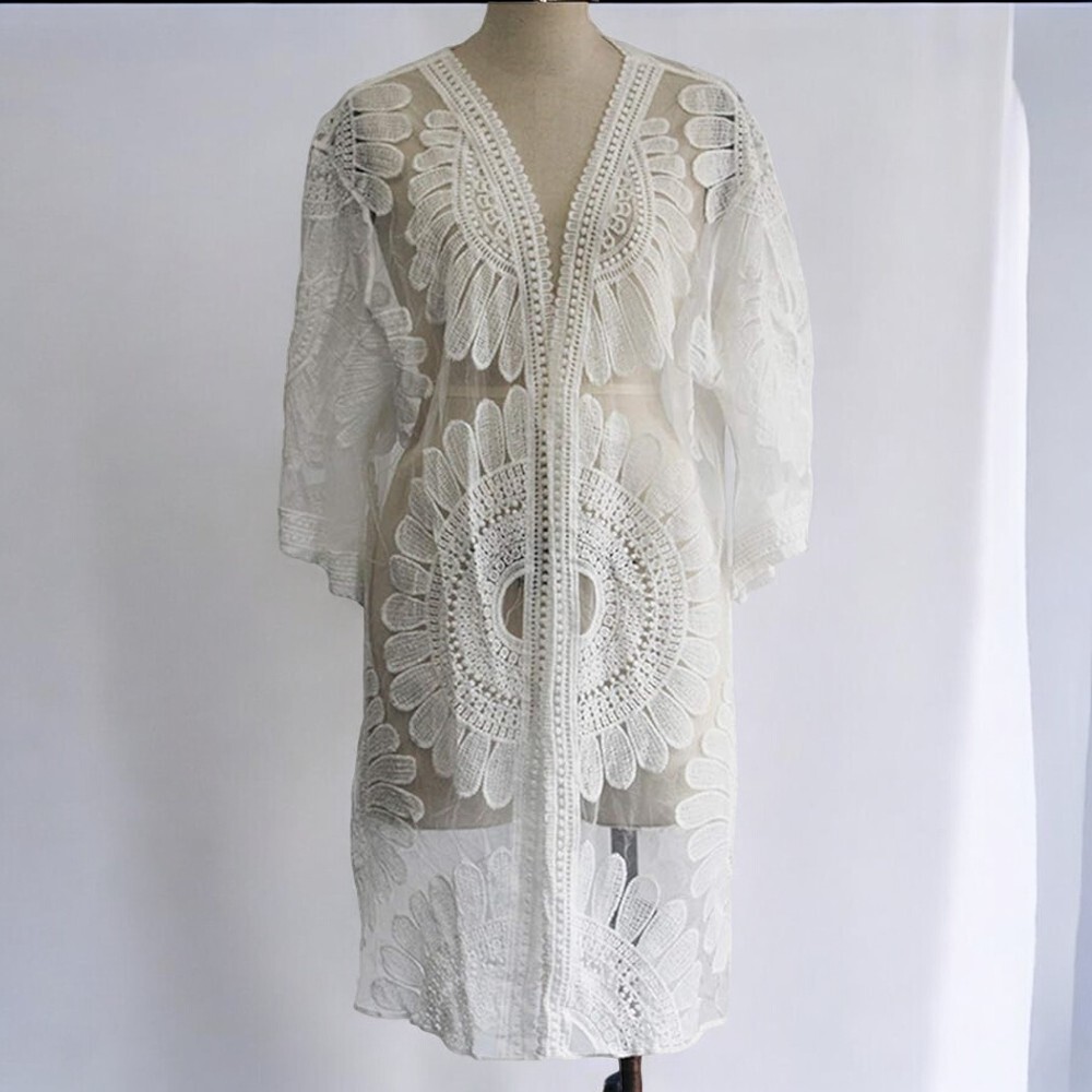 KIMONO MAXI MUJER YOMAR BLANCO TULL ABIERTO LARGO IMPORTADO GIRASOL - 4