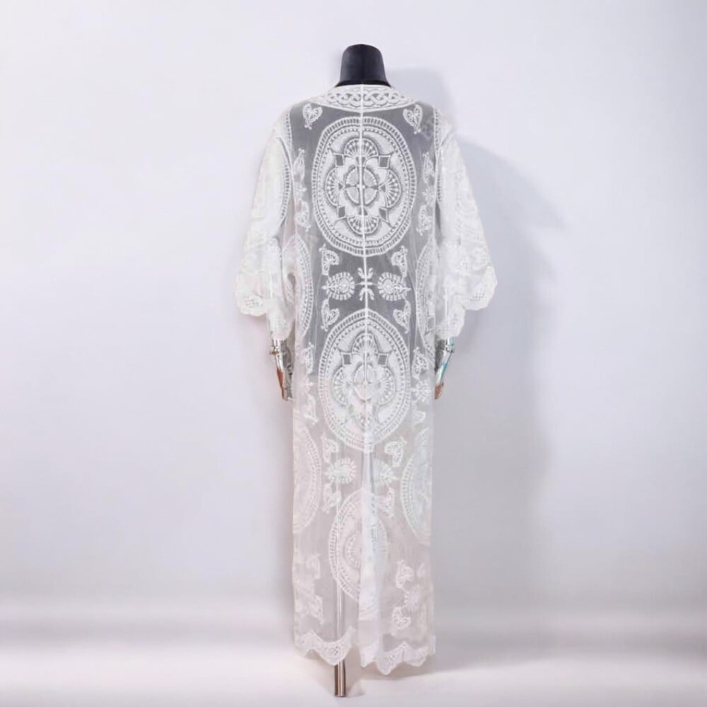 KIMONO MAXI MUJER YOMAR BLANCO TULL ABIERTO IMPORTADO SOL - 1