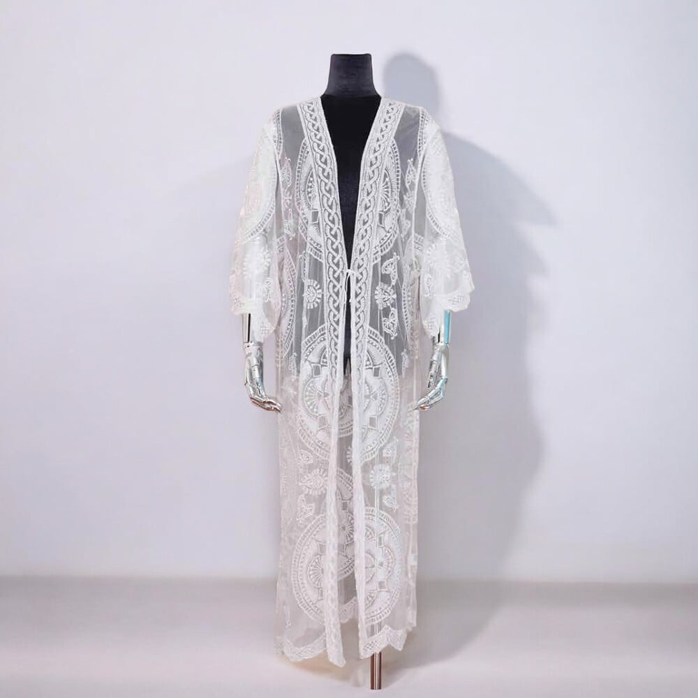 KIMONO MAXI MUJER YOMAR BLANCO TULL ABIERTO IMPORTADO SOL - 2