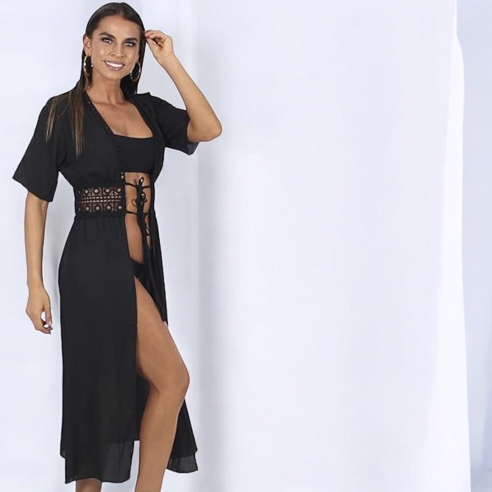 KIMONO MAXI MUJER YOMAR NEGRO PRINCESA MANGA CORTA - 1