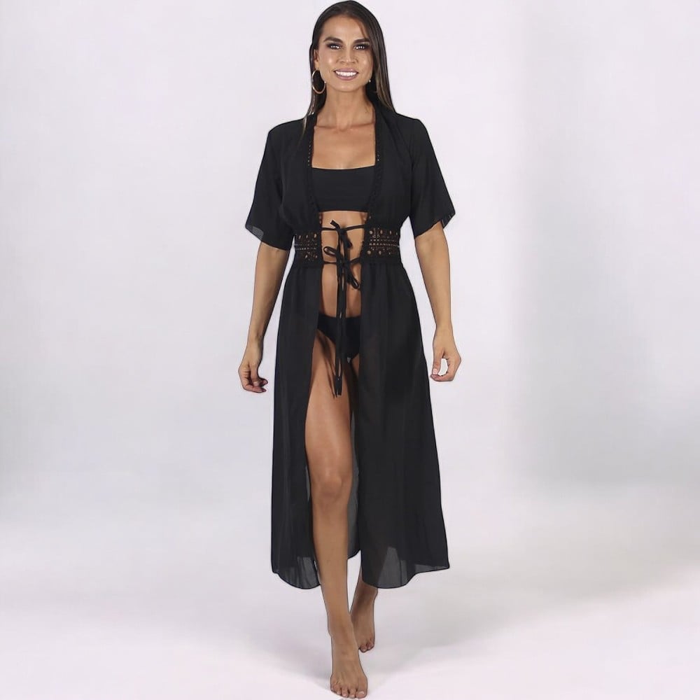 KIMONO MAXI MUJER YOMAR NEGRO PRINCESA MANGA CORTA - 2