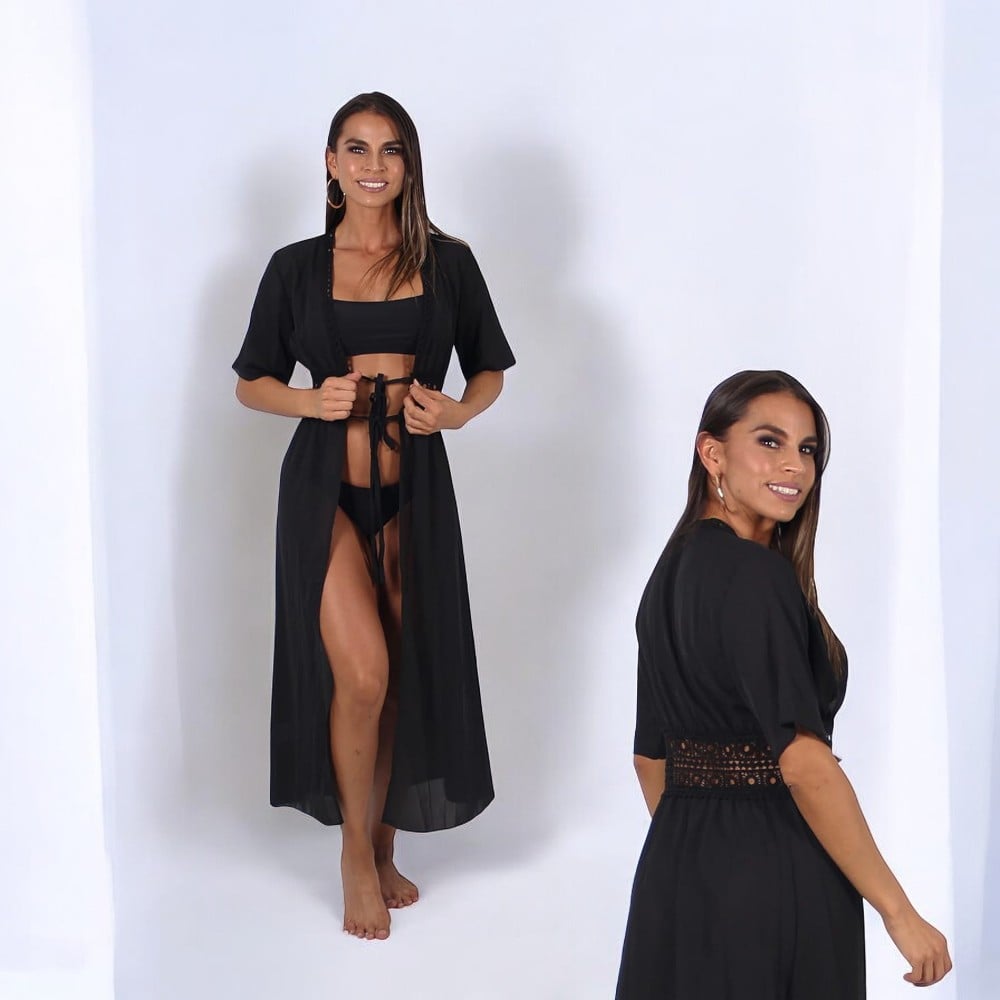 KIMONO MAXI MUJER YOMAR NEGRO PRINCESA MANGA CORTA - 4