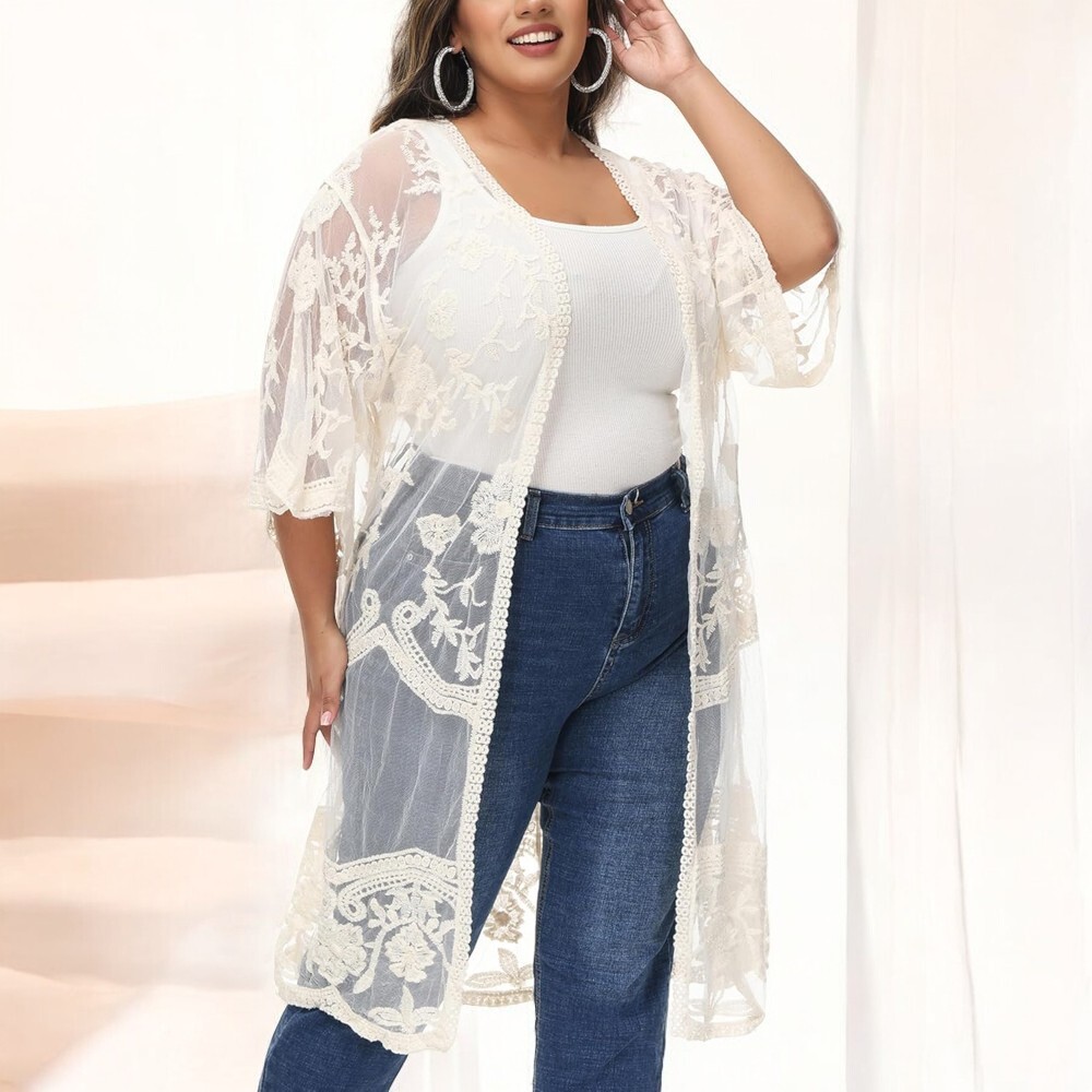 KIMONO MAXI MUJER YOMAR BLANCO TULL ABIERTO MANGA TRES CUARTOS - 2