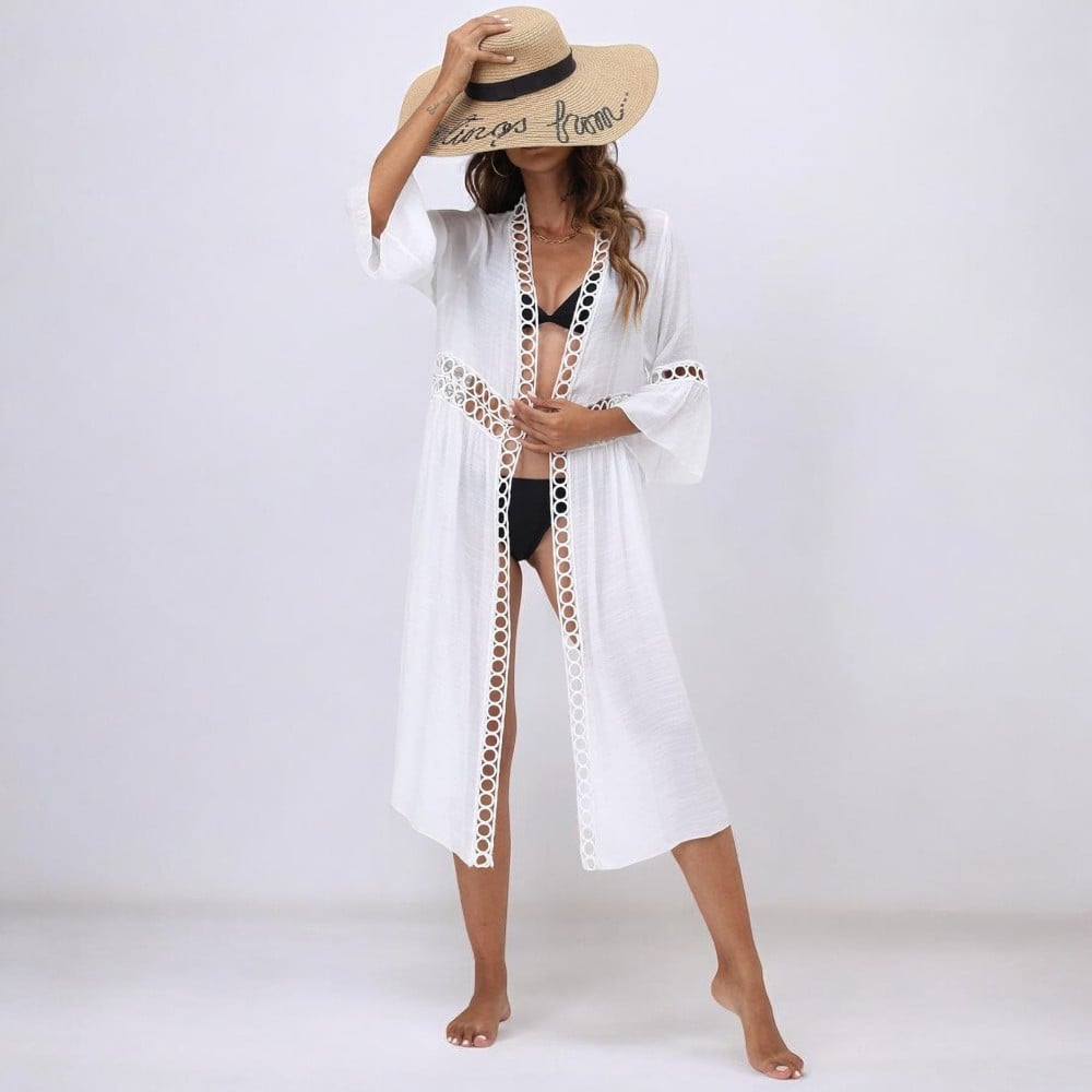 KIMONO MAXI MUJER YOMAR BLANCO PRINCESA MANGA 3 CUARTOS - 3